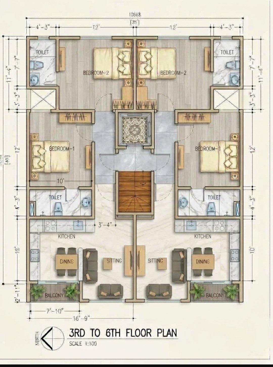 Coloured typical floor plan, third to sixth floor, with two mirrored two-bedroom units