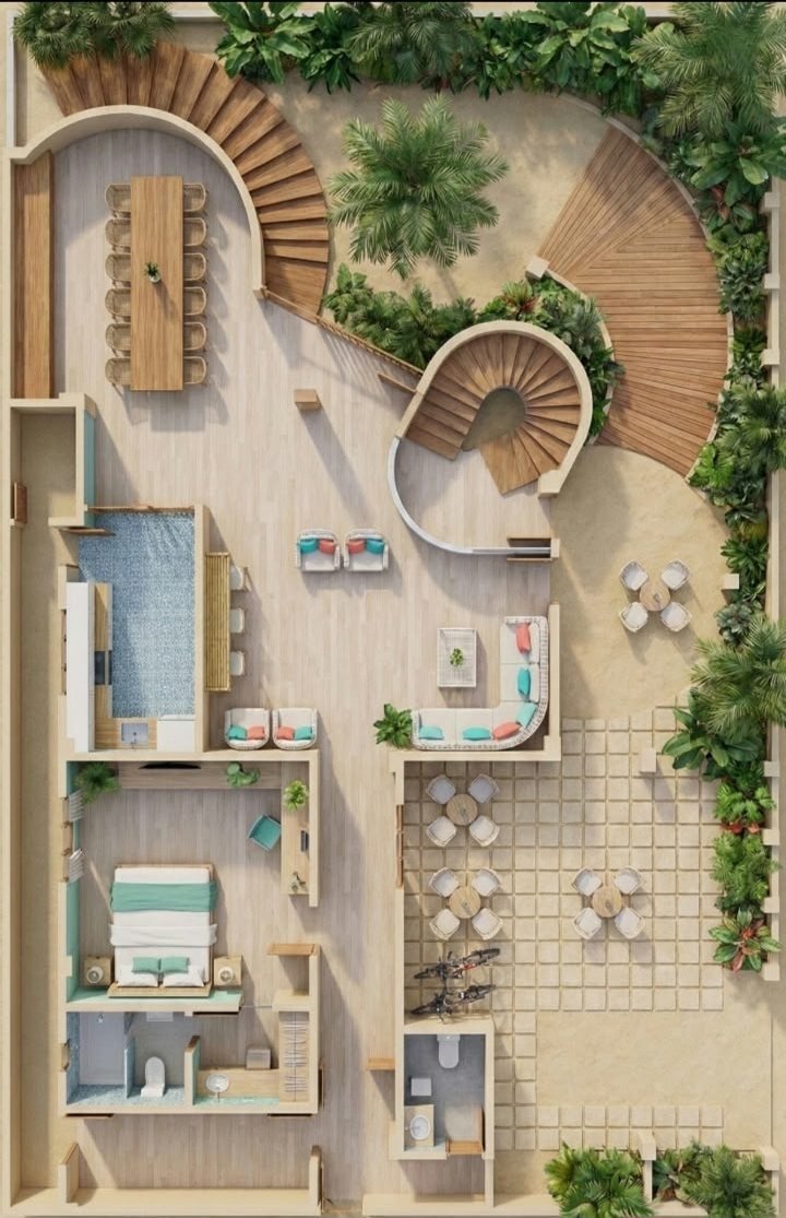 Three-dimensional cutaway plan of a tropical villa with pool, curved timber decks and planting